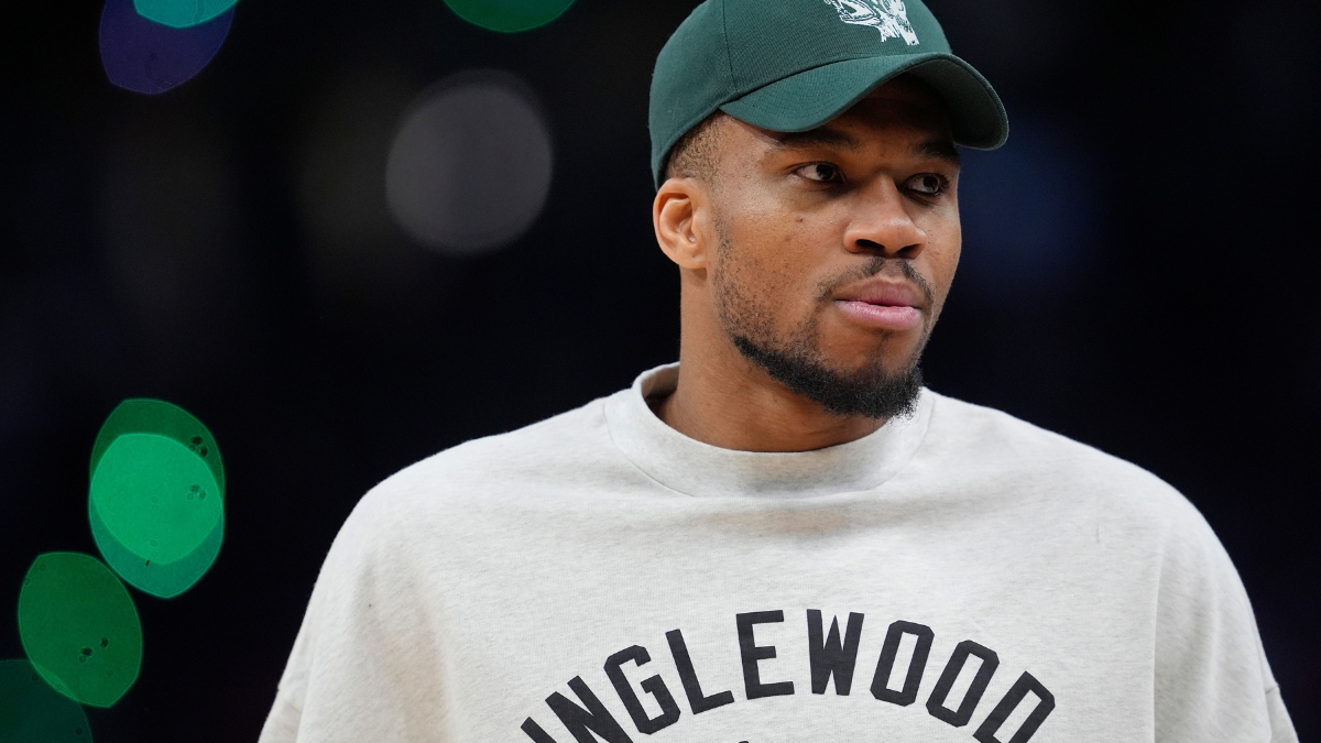 Giannis Antetokounmpo #34 of the Milwaukee Bucks looks on during a game against the Boston Celtics at Fiserv Forum on April 03, 2026.