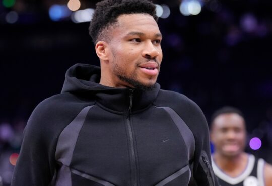 Giannis Antetokounmpo #34 of the Milwaukee Bucks walking off the court after a game against the Memphis Grizzlies at Fiserv Forum on April 05, 2026.