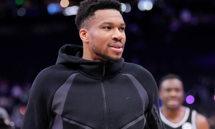 Giannis Antetokounmpo #34 of the Milwaukee Bucks walking off the court after a game against the Memphis Grizzlies at Fiserv Forum on April 05, 2026.