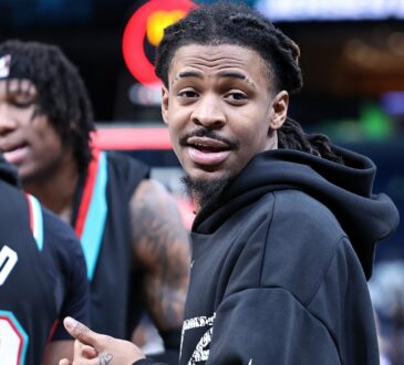 Ja Morant #12 of the Memphis Grizzlies looks on after a game against the Cleveland Cavaliers at FedExForum on April 06, 2026.