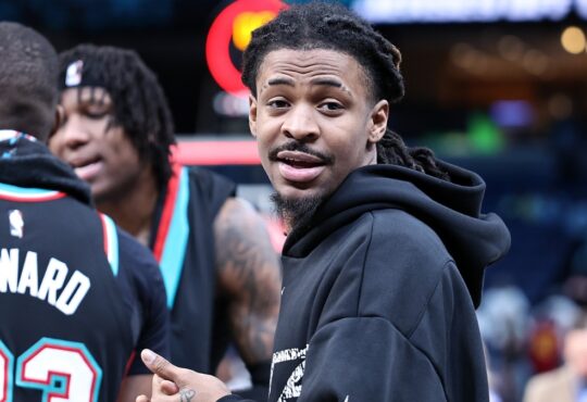 Ja Morant #12 of the Memphis Grizzlies looks on after a game against the Cleveland Cavaliers at FedExForum on April 06, 2026.