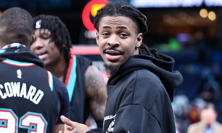 Ja Morant #12 of the Memphis Grizzlies looks on after a game against the Cleveland Cavaliers at FedExForum on April 06, 2026.