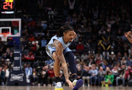 Ja Morant #12 of the Memphis Grizzlies reacting during a game against the Atlanta Hawks at FedExForum on January 21, 2026.