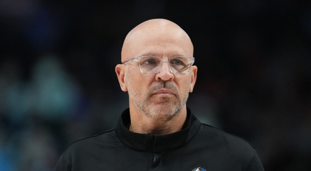 Jason Kidd, head coach of the Dallas Mavericks, looks on from the sideline during a game against the Portland Trail Blazers at Moda Center on March 27, 2026.
