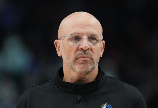 Jason Kidd, head coach of the Dallas Mavericks, looks on from the sideline during a game against the Portland Trail Blazers at Moda Center on March 27, 2026.