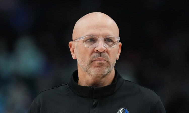 Jason Kidd, head coach of the Dallas Mavericks, looks on from the sideline during a game against the Portland Trail Blazers at Moda Center on March 27, 2026.