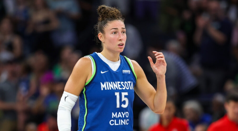 Jessica Shepard #15 of the Minnesota Lynx looks on during a game against the Atlanta Dream at Target Center in Minneapolis.