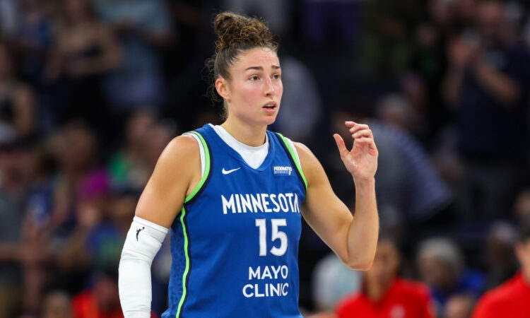 Jessica Shepard #15 of the Minnesota Lynx looks on during a game against the Atlanta Dream at Target Center in Minneapolis.