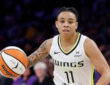 Dallas Wings guard JJ Quinerly dribbles at the point of attack against the Los Angeles Sparks at Crypto.com Arena.