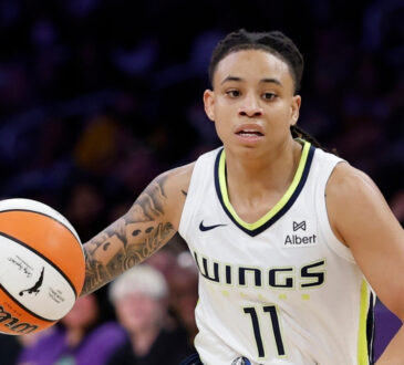 Dallas Wings guard JJ Quinerly dribbles at the point of attack against the Los Angeles Sparks at Crypto.com Arena.