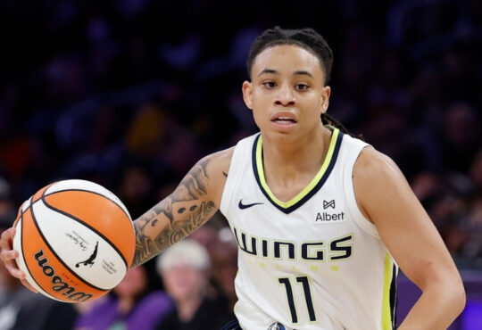 Dallas Wings guard JJ Quinerly dribbles at the point of attack against the Los Angeles Sparks at Crypto.com Arena.