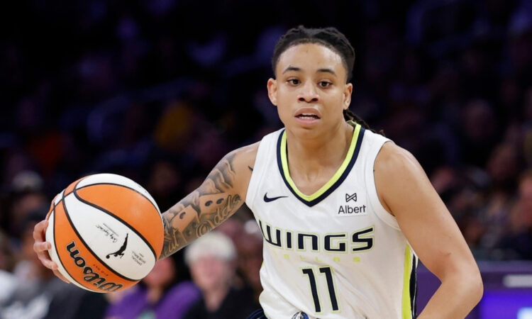 Dallas Wings guard JJ Quinerly dribbles at the point of attack against the Los Angeles Sparks at Crypto.com Arena.