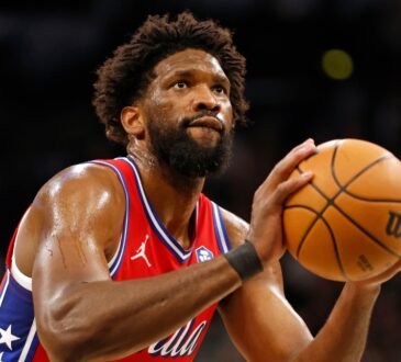 Joel Embiid #21 of the Philadelphia 76ers takes a foul shot during a game against the San Antonio Spurs at Frost Bank Center on April 6, 2026.