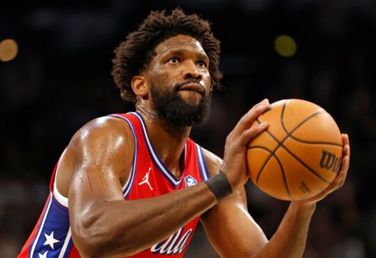 Joel Embiid #21 of the Philadelphia 76ers takes a foul shot during a game against the San Antonio Spurs at Frost Bank Center on April 6, 2026.