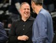 Josh Kroenke and Minnesota Timberwolves President of Basketball Operations Tim Connelly talk before Game 4 of the Western Conference Playoffs at Target Center on April 25, 2026.