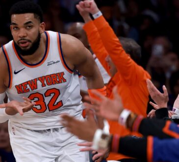 Karl-Anthony Towns #32 of the New York Knicks celebrates a three-pointer against the Atlanta Hawks in Game 1 of the Eastern Conference First Round at Madison Square Garden on April 18, 2026.