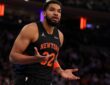 Karl-Anthony Towns #32 of the New York Knicks reacts to a foul call during a game against the New Orleans Pelicans at Madison Square Garden on March 24, 2026.