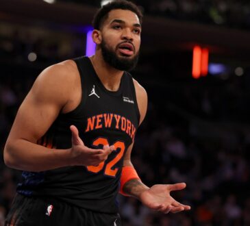 Karl-Anthony Towns #32 of the New York Knicks reacts to a foul call during a game against the New Orleans Pelicans at Madison Square Garden on March 24, 2026.