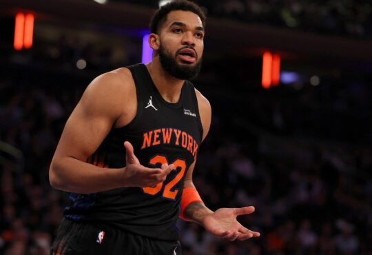 Karl-Anthony Towns #32 of the New York Knicks reacts to a foul call during a game against the New Orleans Pelicans at Madison Square Garden on March 24, 2026.