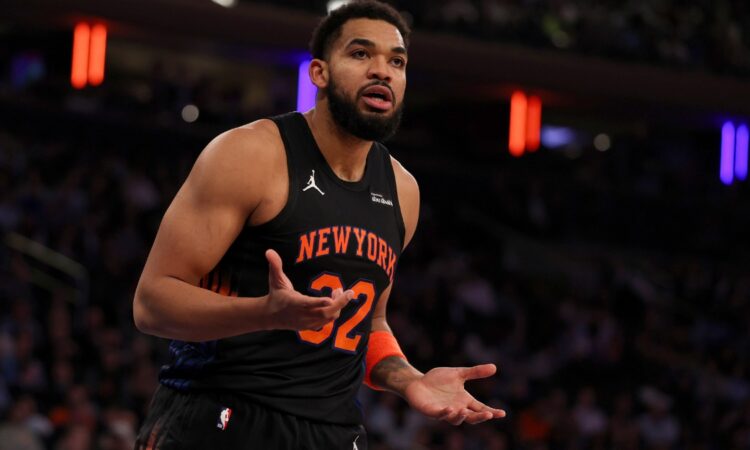 Karl-Anthony Towns #32 of the New York Knicks reacts to a foul call during a game against the New Orleans Pelicans at Madison Square Garden on March 24, 2026.