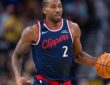 Kawhi Leonard #2 of the LA Clippers brings the ball up court during a game against the Indiana Pacers at Gainbridge Fieldhouse on March 27, 2026.