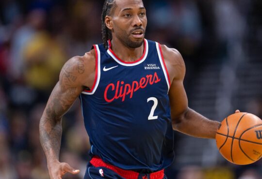 Kawhi Leonard #2 of the LA Clippers brings the ball up court during a game against the Indiana Pacers at Gainbridge Fieldhouse on March 27, 2026.
