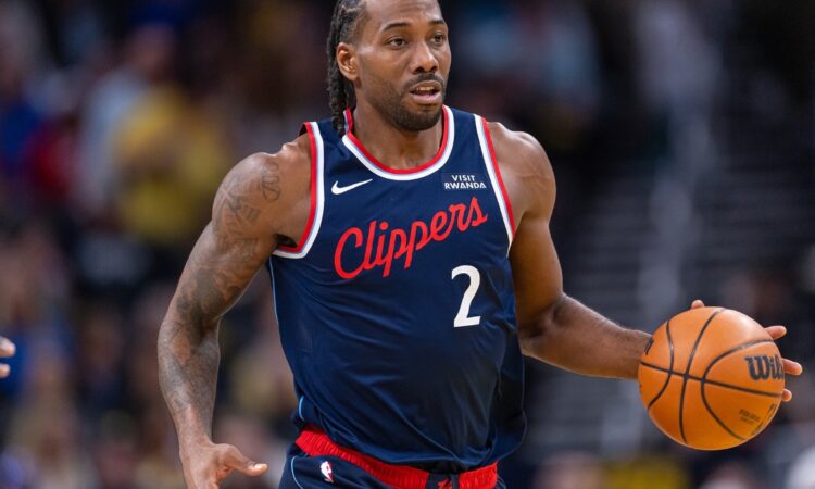 Kawhi Leonard #2 of the LA Clippers brings the ball up court during a game against the Indiana Pacers at Gainbridge Fieldhouse on March 27, 2026.