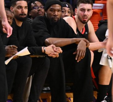 Kevin Durant of the Houston Rockets looks on from the bench during Game 1 of the Western Conference first-round playoffs against the Los Angeles Lakers at Crypto.com Arena on April 18, 2026.