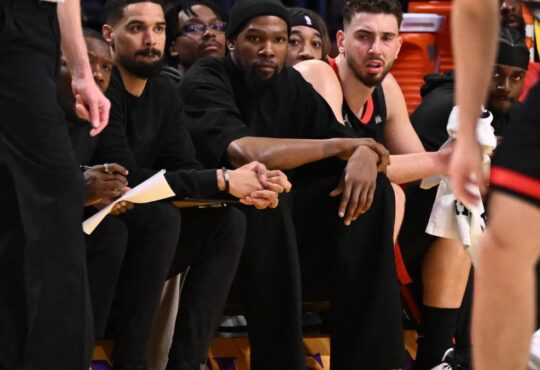 Kevin Durant of the Houston Rockets looks on from the bench during Game 1 of the Western Conference first-round playoffs against the Los Angeles Lakers at Crypto.com Arena on April 18, 2026.