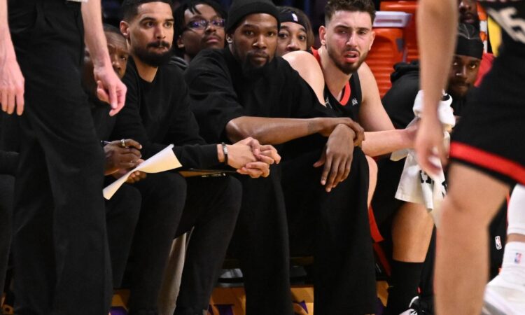 Kevin Durant of the Houston Rockets looks on from the bench during Game 1 of the Western Conference first-round playoffs against the Los Angeles Lakers at Crypto.com Arena on April 18, 2026.