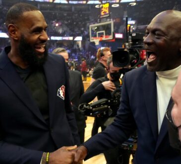 LeBron James and Michael Jordan together during the NBA 75th Anniversary Team ceremony at the 2022 NBA All-Star Game in Cleveland.