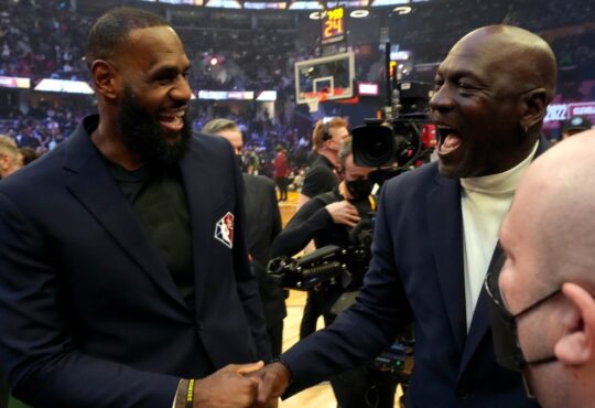 LeBron James and Michael Jordan together during the NBA 75th Anniversary Team ceremony at the 2022 NBA All-Star Game in Cleveland.