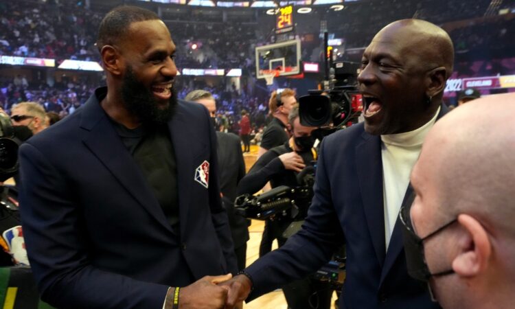 LeBron James and Michael Jordan together during the NBA 75th Anniversary Team ceremony at the 2022 NBA All-Star Game in Cleveland.
