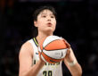 Li Yueru #28 of the Dallas Wings focuses during a free throw attempt against the Las Vegas Aces at College Park Center.