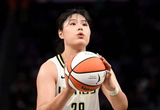 Li Yueru #28 of the Dallas Wings focuses during a free throw attempt against the Las Vegas Aces at College Park Center.