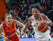 Lindsey Allen of CBK Mersin competes for the ball against Pinelopi Pavlopoulou during the EuroCup Women final in Turkiye.