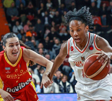 Lindsey Allen of CBK Mersin competes for the ball against Pinelopi Pavlopoulou during the EuroCup Women final in Turkiye.