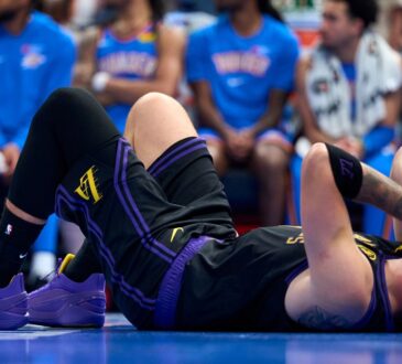 Luka Dončić #77 of the Los Angeles Lakers injured during a game against the Oklahoma City Thunder at Paycom Center on April 2, 2026.