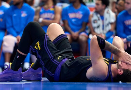 Luka Dončić #77 of the Los Angeles Lakers injured during a game against the Oklahoma City Thunder at Paycom Center on April 2, 2026.