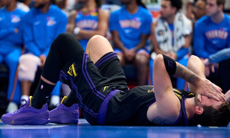 Luka Dončić #77 of the Los Angeles Lakers injured during a game against the Oklahoma City Thunder at Paycom Center on April 2, 2026.