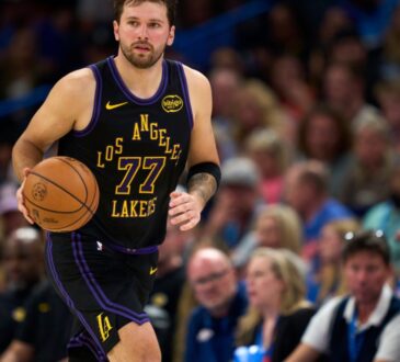 Luka Doncic #77 of the Los Angeles Lakers brings the ball up the court during a game against the Oklahoma City Thunder at Paycom Center on April 2, 2026.