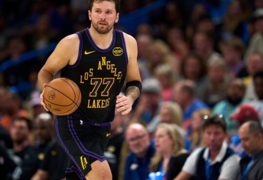 Luka Doncic #77 of the Los Angeles Lakers brings the ball up the court during a game against the Oklahoma City Thunder at Paycom Center on April 2, 2026.