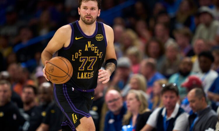 Luka Doncic #77 of the Los Angeles Lakers brings the ball up the court during a game against the Oklahoma City Thunder at Paycom Center on April 2, 2026.