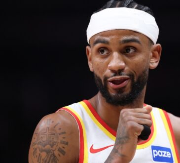 Nickeil Alexander-Walker #7 of the Atlanta Hawks during Game 3 of the Eastern Conference first round playoffs against the New York Knicks at State Farm Arena on April 23, 2026.