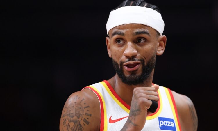 Nickeil Alexander-Walker #7 of the Atlanta Hawks during Game 3 of the Eastern Conference first round playoffs against the New York Knicks at State Farm Arena on April 23, 2026.
