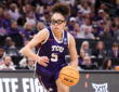 Olivia Miles #5 of the TCU Horned Frogs dribbles up the court during the Elite Eight round of the 2026 NCAA Women's Basketball Tournament in Sacramento.