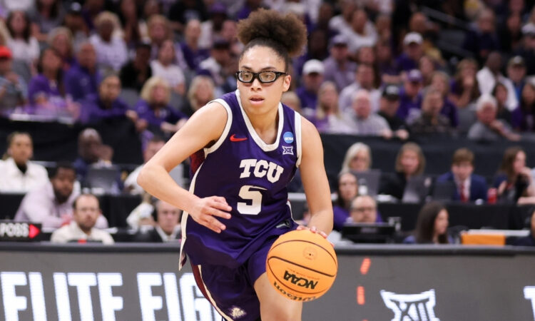 Olivia Miles #5 of the TCU Horned Frogs dribbles up the court during the Elite Eight round of the 2026 NCAA Women's Basketball Tournament in Sacramento.