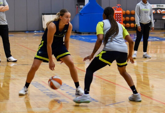 Dallas Wings star Paige Bueckers brings the ball up the floor and surveys the defense during a 5-on-5 scrimmage at College Park Center.