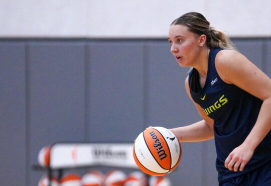 Dallas Wings guard Paige Bueckers dribbles during a training camp practice session at College Park Center in Arlington.