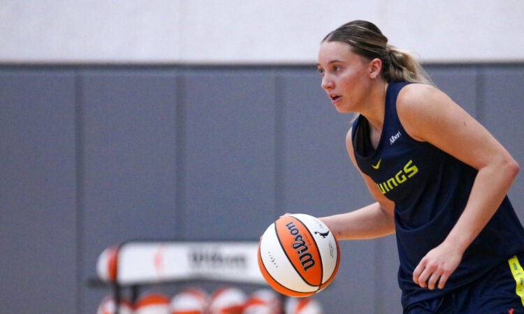 Dallas Wings guard Paige Bueckers dribbles during a training camp practice session at College Park Center in Arlington.